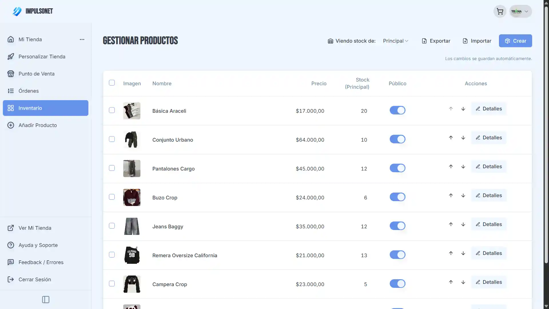 Panel de control de ImpulsoNET mostrando inventario