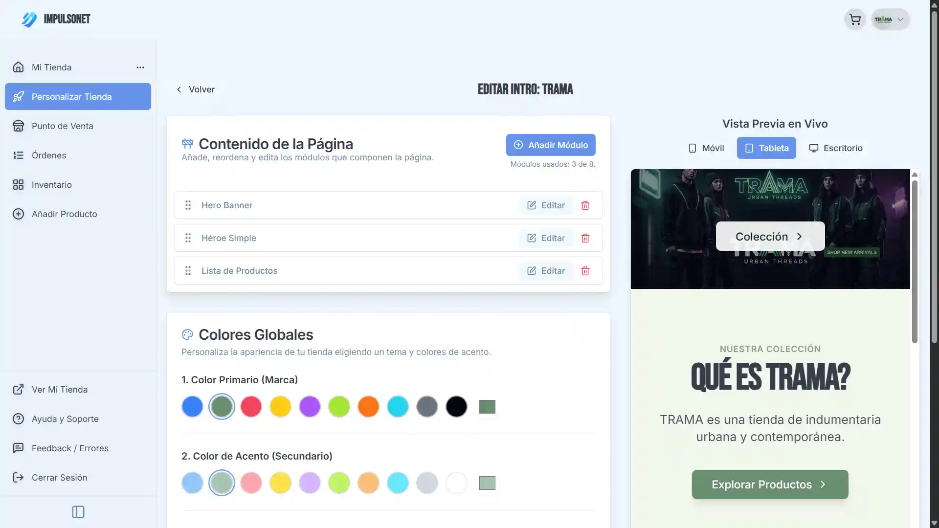 Ejemplo del editor de página de inicio de ImpulsoNET